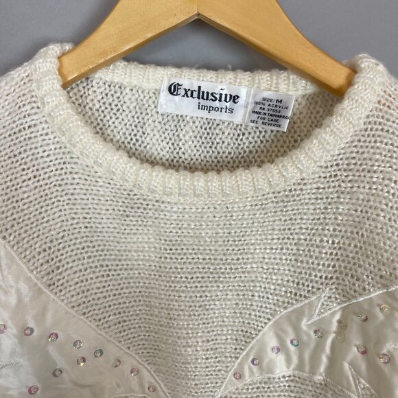 Vintage 80s Sweater Applique Beaded Sequins White Women Medium Batwing Sleeve - Picture 14 of 14